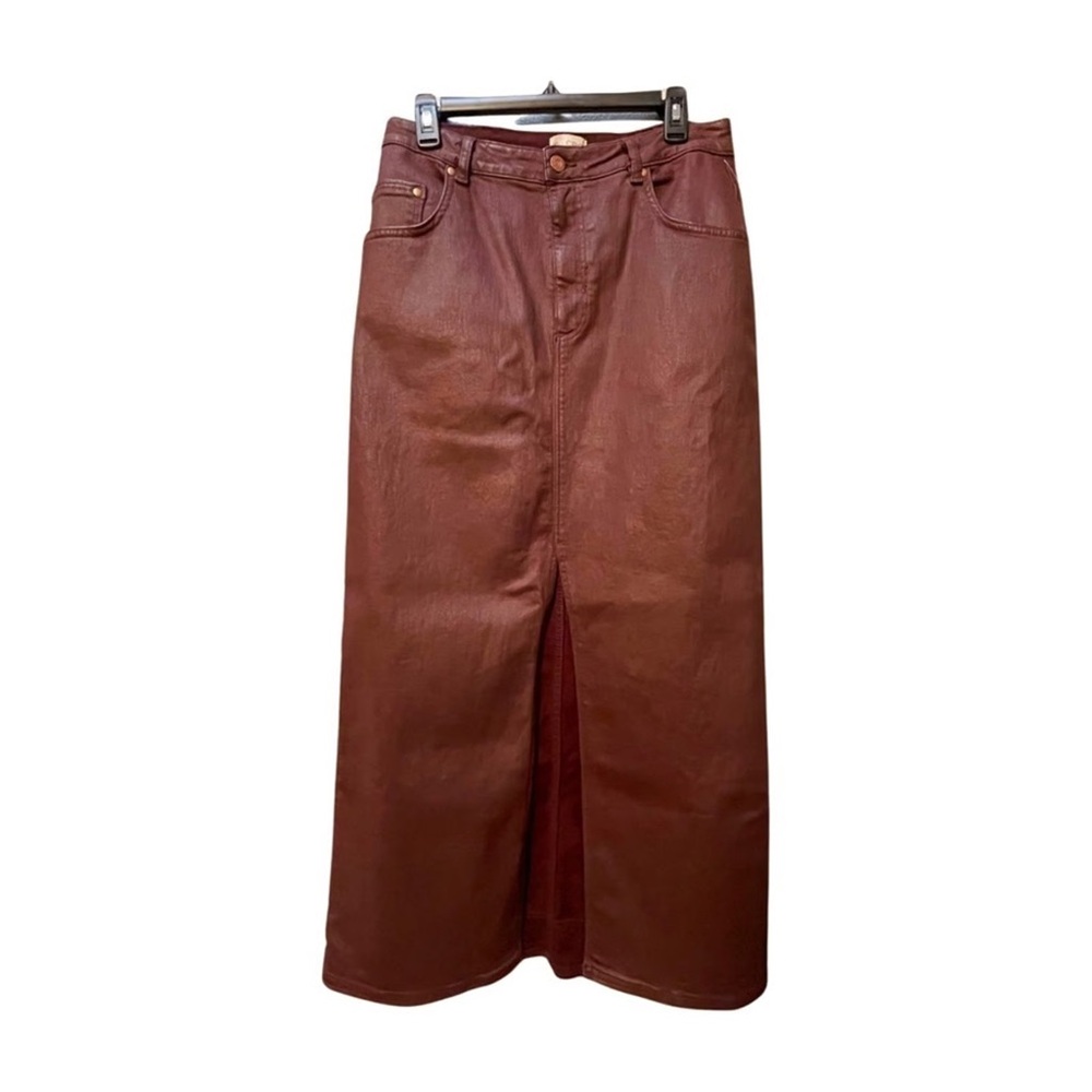 Pilcro Anthropologie Burgundy Madi Front Slit Coated Denim Skirt